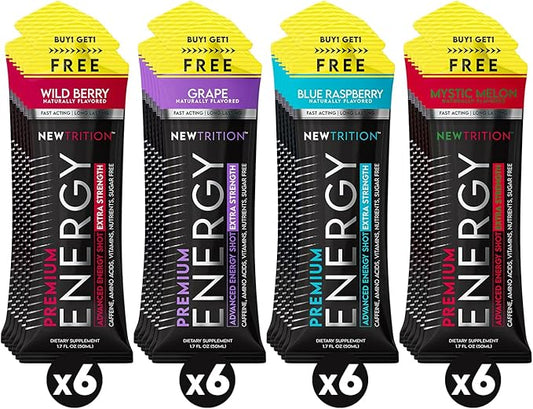 Extra Strength Energy Shots, Caffeine Energy Shots with Vitamin B & Amino Acids, Sugar-Free Vitamin Energy Shot Packets, 1.7 fl oz, Mixed Flavors, 24 Count
