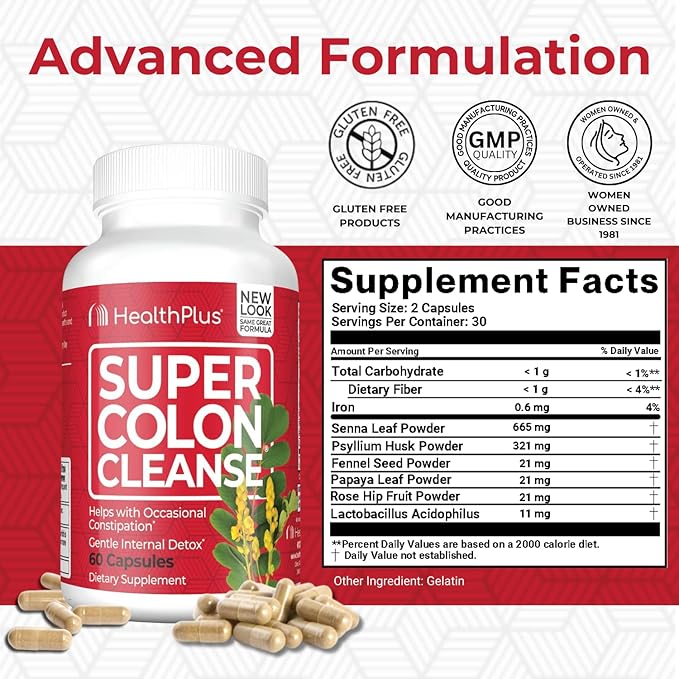 Health Plus Super Colon Cleanse 10 Day Gentle Gut Cleanse Detox, Psyllium Husk, Probiotics for Constipation Relief & Digestive Support, 60 Capsules