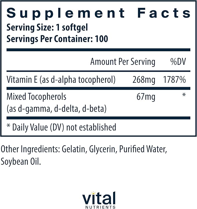 Vital Nutrients Vitamin E with Mixed Tocopherols | Potent Antioxidant Vitamin E Supplements to Support Cardiovascular Health* | Gluten and Dairy Free | Non-GMO | 100 Softgels