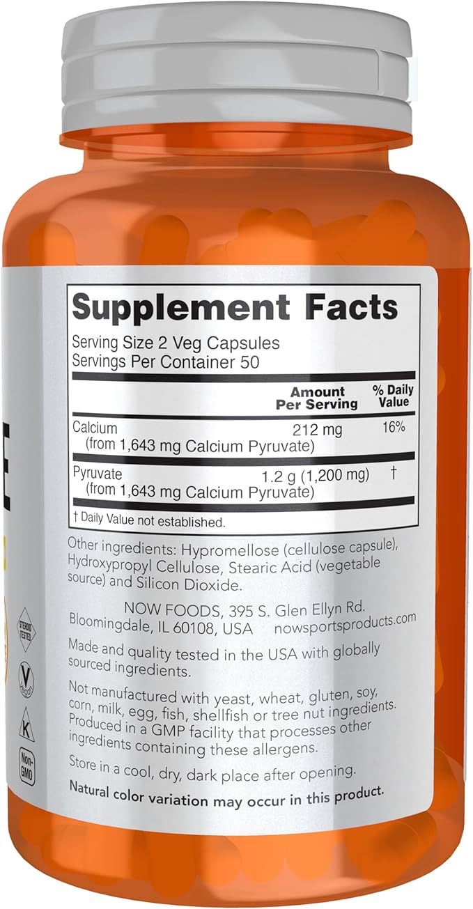 NOW Foods Sports Nutrition, Pyruvate (Pyruvic Acid) 600 mg, Energy Production*, 100 Veg Capsules