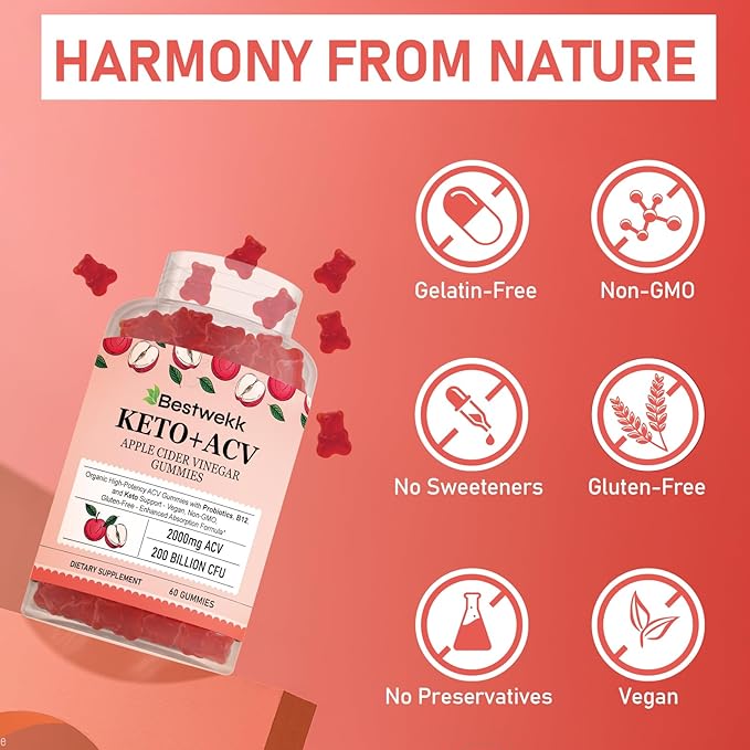 Apple Cider Vinegar Gummies, Max Strength 2000mg ACV Gummies with Probiotics, B12 and Keto, for Digestion, Metabolism, Gut & Immune Health, Gelatin-Free, Vegan & Non-GMO, 240 Gummies