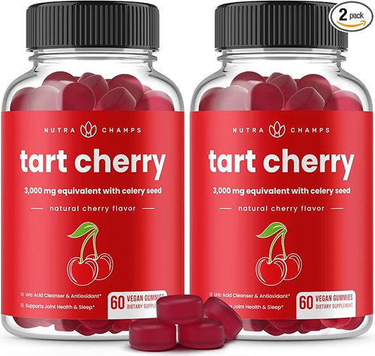 NutraChamps Tart Cherry Gummies - 3000mg Tart Cherry Extract with Celery Seed - Uric Acid Cleanse Supplement - Antioxidant, Joint Comfort, Flexibility, Immune Health, Sleep - 60 Vegan Gummies (2-Pack)