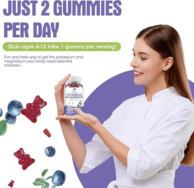 Potassium Magnesium Gummies 1800mg, Sugar-Free Potassium Gummies with Magnesium Glycinate, Taurate, Malate, Chewable Magnesium Potassium Supplements for Leg Cramps & Muscle, Heart Health (2 Pack)