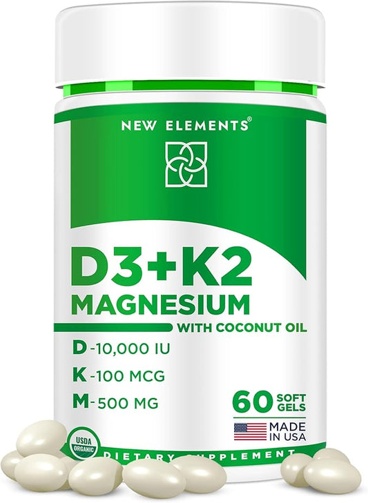 Vitamin D3 K2 10000 IU Organic Softgels for Men and Women with Magnesium Glycinate 500mg | Vitamin D & Magnesium Supplement for Bone Health | Immune Support | Non-GMO | Gluten-Free | Sugar Free