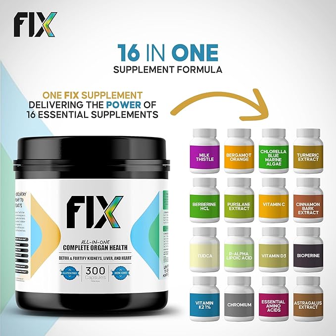 Fix The 16-in-1 Complete Health Supplement - Organ Support for Liver, Heart, and Kidney - Non-GMO, Vegan Formula for Holistic Well-Being - 30 Servings Per Container