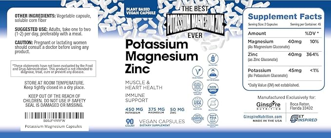 Magnesium Potassium Supplements w/Zinc - 90 Capsules - Magnesium Potassium Zinc for Vascular Health – High Absorption Vegan Potassium Magnesium Supplement for Leg Cramps & Sleep
