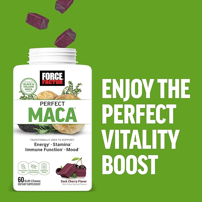FORCE FACTOR Perfect Maca, Maca Root and DIM Supplement with Saffron to Boost Energy and Mood, with Yellow and Black Maca, Vitamins, Minerals, and Antioxidants, Dark Cherry Flavor, 60 Soft Chews
