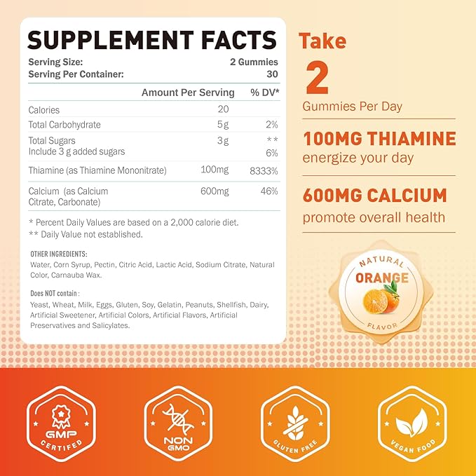 Vitamin B1 Gummies 100mg for Adults & Kids, Thiamine B1 Supplement with 600mg Calcium, Nervous System Supports & Boost Energy, Orange Flavor, Non GMO, Vegan, 120 Chewable Gummies