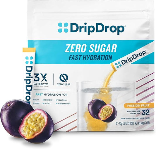 DripDrop Hydration - Zero Sugar Passion Fruit - Electrolyte Drink Mix Single Serve Hydration Powder Packets | Non-GMO, Gluten Free, Vegan | 32 Sticks