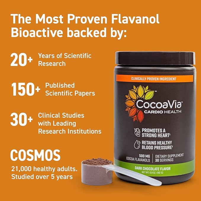 CocoaVia Cardio Health Cocoa Powder, 60 Servings, 500mg Cocoa Flavanols, Support Heart Health, Boost Nitric Oxide, Improve Circulation, Energy, Preworkout, Vegan, Dark Chocolate Cacao
