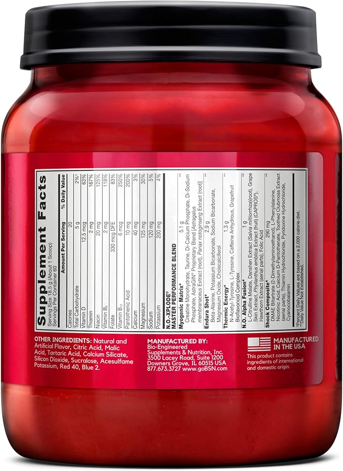 BSN N.O.-XPLODE Pre Workout Powder, Energy Supplement for Men and Women with Creatine and Beta-Alanine, Flavor: Grape, 60 Servings
