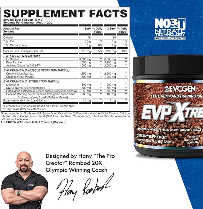 Evogen EVP Xtreme NO - Pre Workout Powder for Men & Women | Sugar Free Preworkout with Beta Alanine, Creatine, and Caffeine for Energy & Pump | Iced Mocha Coffee | 40 Servings