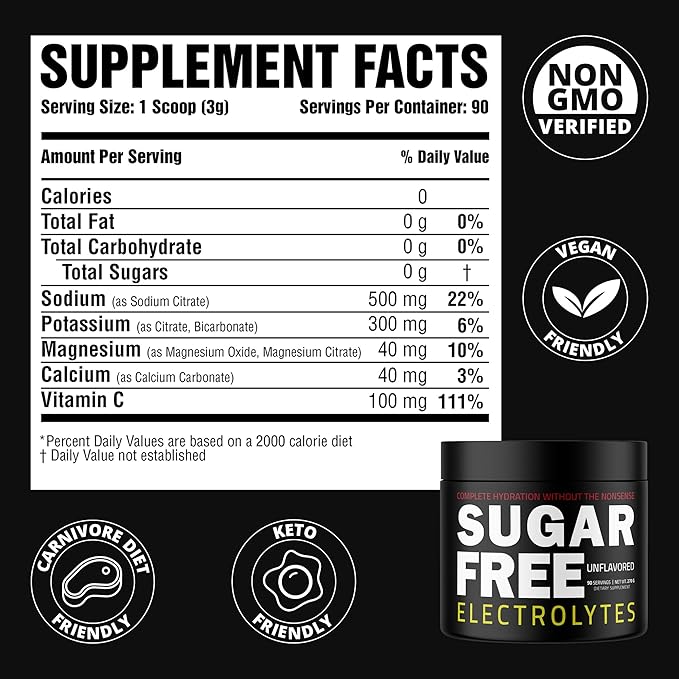 – Rapid Hydration Powder, Zero Calorie, Essential Raw Electrolytes Blend, Keto Friendly with No Sugar, Raw Electrolyte Powder (Unflavored)