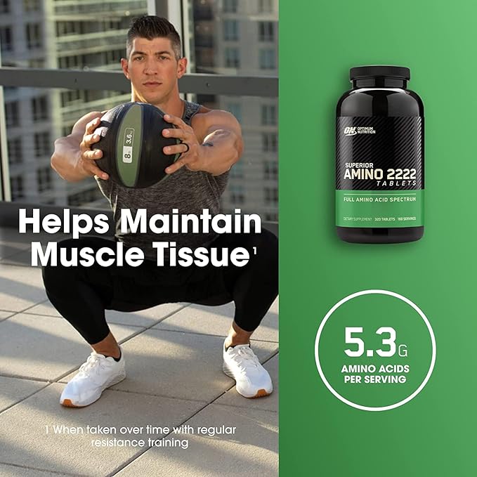 Optimum Nutrition Superior Amino 2222 Tablets, Complete Essential Amino Acids, EAAs, 320 Count
