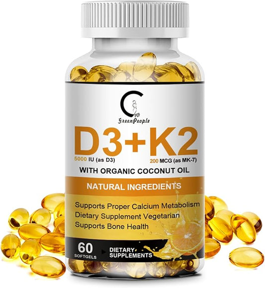 Vitamin D3 K2 Supplement with Vitamin D3 5000 IU, 200 mcg Vitamin K2 MK-7 & Natural Coconut Oil, Plant Based 2-1 Formula for Bone, Teeth, Muscle and Immune Health Support,60 Softgel Capsules, Apple