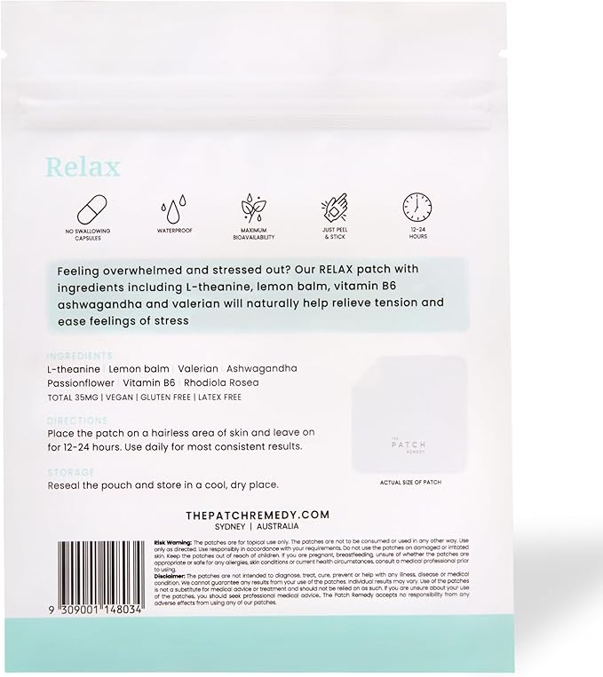 The Patch Remedy Relax Patches - 30 Topical Stress Relief Patches with Ashwagandha, L-theanine, Lemon Balm, Valerian, Passionflower, Vitamin B6, Rhodiola Rosea | Calming, Relieving, Relaxing