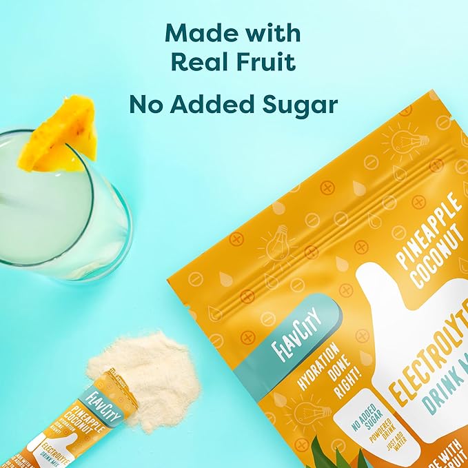FlavCity Pineapple Coconut Electrolytes Drink Mix, 28 On-The-Go Stick Packs - Healthy Electrolytes Powder Packets Made with Real Fruit - Keto Powdered Drink with No Added Sugar, Gluten-Free