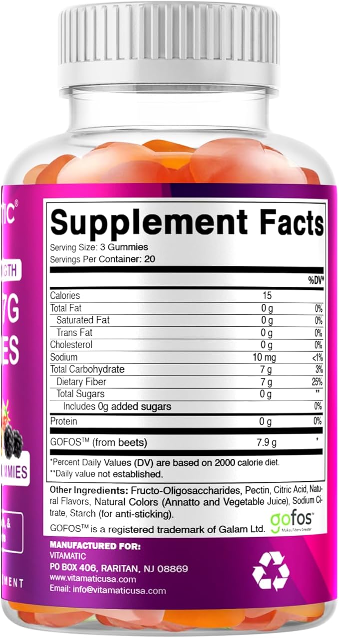 Vitamatic Prebiotic Fiber Gummies for Adults - 7G Fiber Extra Strength - Zero Sugar Added - 60 Pectin Based Gummies - Digestive Health & Regularity Support