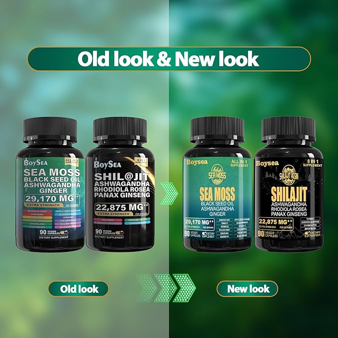 Boysea.Shilajit and Sea Moss Bundle - Sea Moss (7000mg), Ashwagandha (2000mg), Black Seed Oil (4000mg), Ginger & Shilajit (9000mg), Rhodiola Rosea (1000mg) – 90 Count (4 Pack)