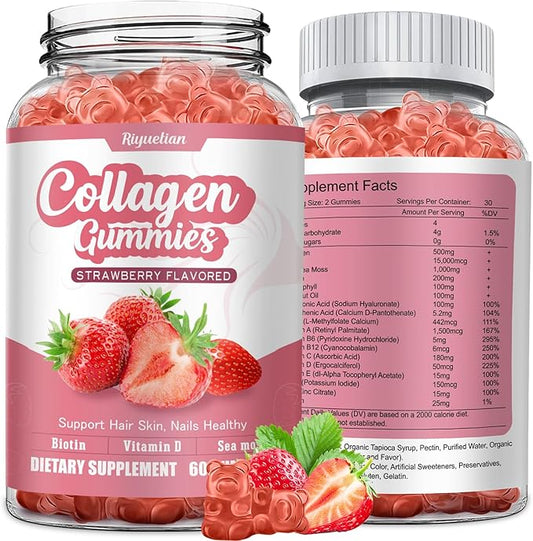 Collagen Gummies with Vitamin C, Zinc and Biotin,Hydrolyzed Collagen Peptides Supplement for Hair, Skin, Nails & Wrinkles, 60 Gummies