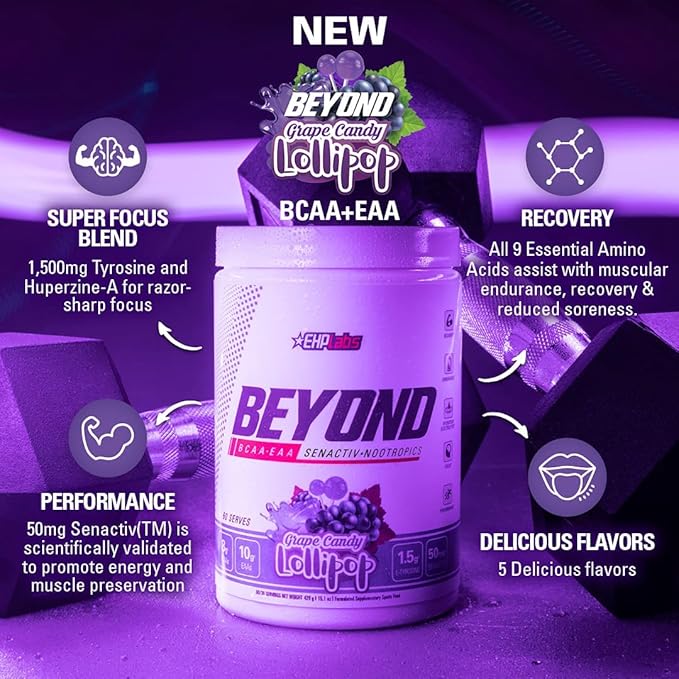 EHP Labs Beyond BCAA Powder Amino Acids Post Workout Recovery - BCAAs Essential Amino Acids EAA Supplements Powder - 10g Amino Acids Supplement for Muscle Recovery, 60 Servings (Grape Candy Lollipop)