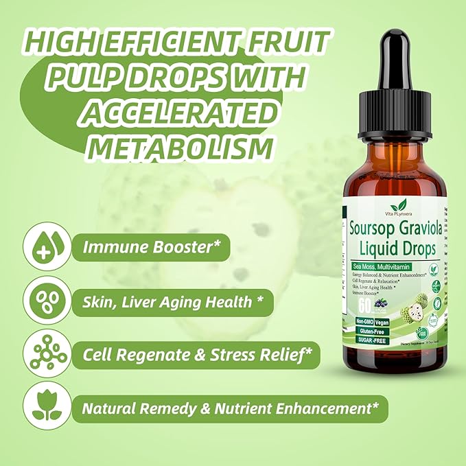 Soursop Graviola Liquid Drops, Soursop Extract Multivitamin Drops w. Sea Moss, Grape Seed, Super Concentrated Unrefined Soursop Oil Organic for Skin Immune Boost Detox, Soursop Bitters Liquid 2 Fl/Oz