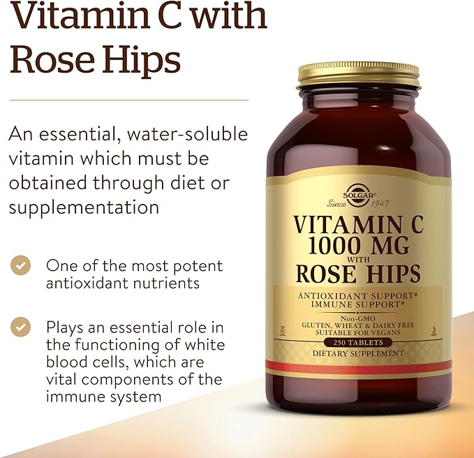 Solgar Vitamin C 1000 mg with Rose Hips, 250 Tablets - Antioxidant & Immune Support - Overall Health - Supports Healthy Skin & Joints - Non GMO, Vegan, Gluten Free, Dairy Free, Kosher - 250 Servings