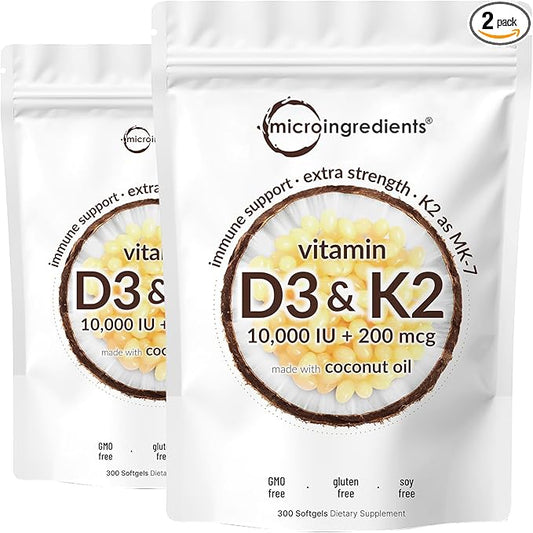 2 Pack Vitamin D3 10000 iu Plus K2 (MK-7) 200 mcg, 300 Virgin Coconut Oil Softgels | 2 in 1 Vitamins D & K Complex | Supports Calcium Absorption, Bone, Immune, & Heart Health – Easy to Swallow
