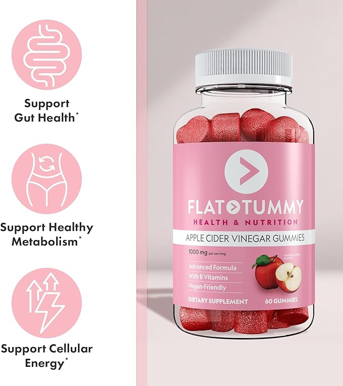 Flat Tummy Apple Cider Vinegar Gummies, 60 Count (5 Pack) – ACV Gummies, Detox, Support Gut Health – Vegan-Friendly, Non-GMO - Beet and Pomegranate Superfood Powders, Vitamins B6, B9 & B12