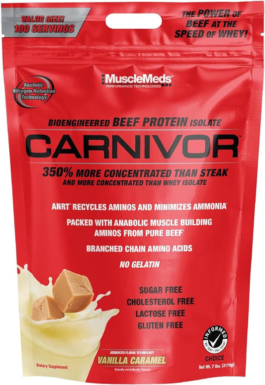 MuscleMeds Carnivor Beef Protein Isolate, 0 Lactose, 0 Sugar, 0 Fat, 0 Cholesterol, Halal Certified, Vanilla Caramel, 8 Lb, 100 Servings