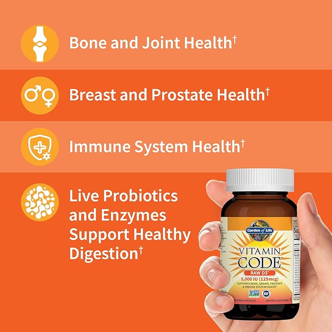 Garden Of Life D3 - Vitamin Code Whole Food Raw D3 Vitamin Supplement, 2000 Iu, Dairy and Gluten Free, Vegetarian, 120 Capsules D3 with Organic Green Cracked Wall Chlorella Plus Probiotics