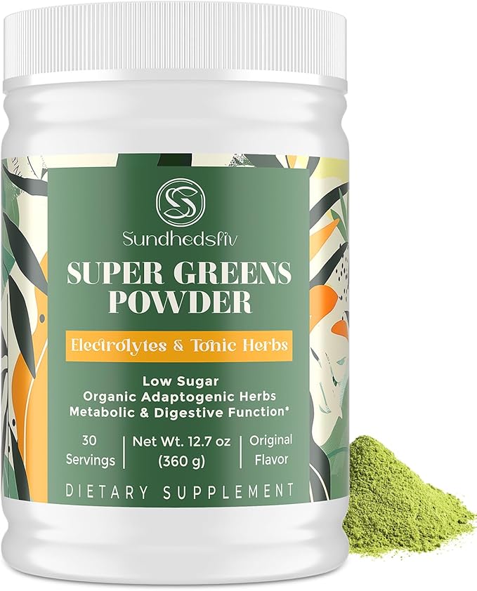 Super Greens Powder Superfood Supplement + Electrolytes & Tonic Herbs | Organic Greens, Adaptogens, Shilajit, Antioxidants, Preobiotic & Probiotic & Postbiotic | for Gut, Energy & Immune | 30 Servings
