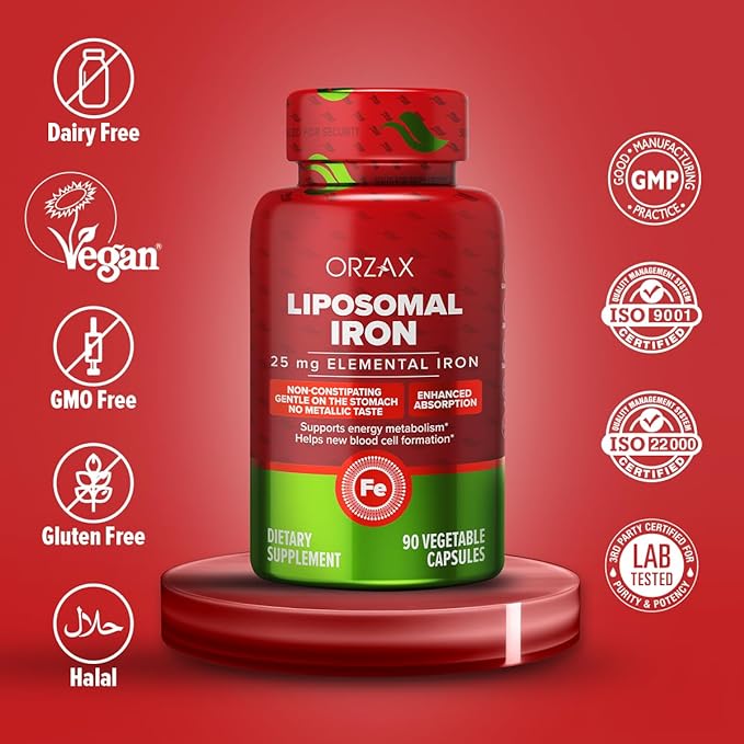 ORZAX Iron Supplement 25 mg -Liposomal Technology- High Bioavailability 90 Vegetable Capsules, Helps New Blood Cell Production, Non-Constipating, Non-GMO & Gluten Free, for Women, Men, Adults