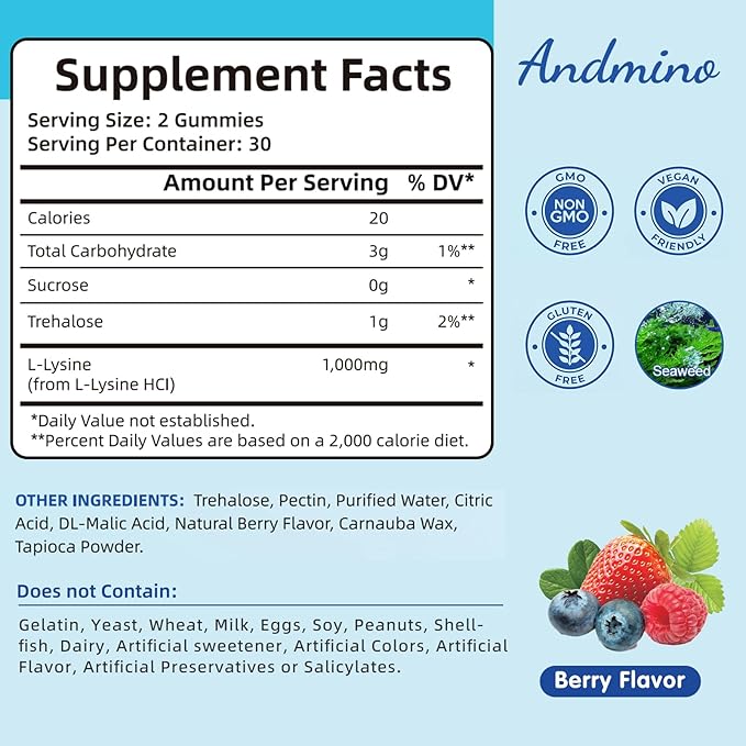 L-Lysine Gummies 1000 mg, with Trehalose, L Lysine Gummies for Lips & Oral Health, Boost Immune & Collagen & Calcium, for Adults & Kids, Non-GMO, Vegan, Gluten Free, Berry Flavor, 60