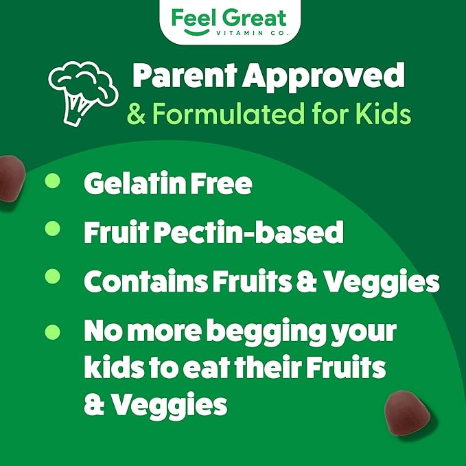 Feel Great Super Green Gummies for Kids | Fruit and Vegetable Gummies | Vegan Veggie Gummy Multivitamin for Kids | Veggie Fiber Supplement | 60 Count