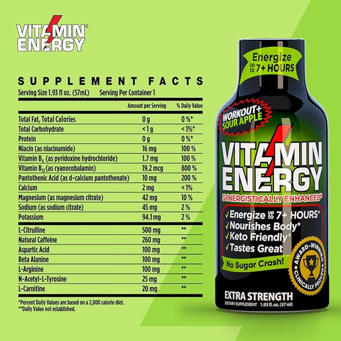 Vitamin Energy Pre Workout Drink - Keto Friendly Sugar Free Shots | Natural Clean Green Tea Caffeine with Proprietary Endurance Blend | Energize up to 7+ Hours - Sour Apple - 1.93 Fl Oz- Pack of 48