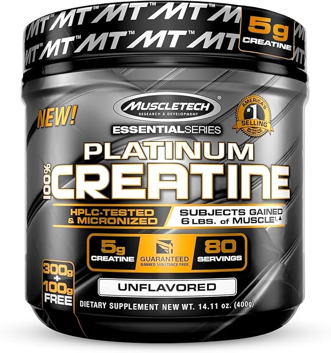 Creatine Monohydrate Powder MuscleTech Platinum Pure Micronized Muscle Recovery + Builder for Men & Women Workout Supplements Unflavored (80 Servings)