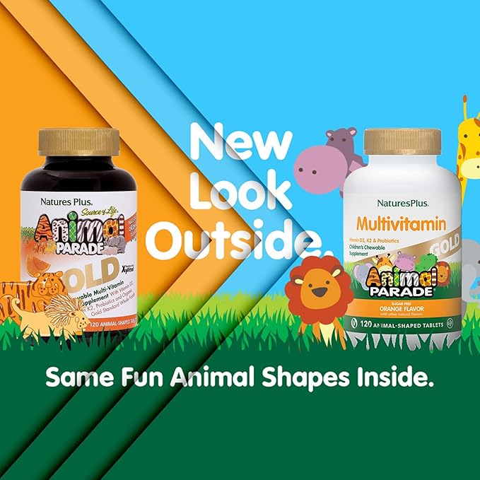 Natures Plus Animal Parade Source of Life Gold Children's Multivitamin - Orange Flavor - 120 Chewable Animal Shaped Tablets - Immune Support Supplement - Gluten-Free - 60 Servings