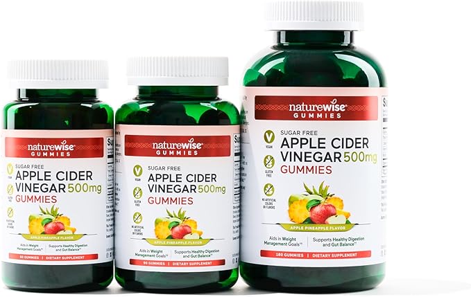 NatureWise Apple Cider Vinegar ACV Gummies - 1000mg ACV per 2, Sugar Free, Vegan - Energy & Gut Health - ACV Gummies W/Vitamin B12-90 Gummies[1.5-Month Supply for 1000mg / 3-Month Supply for 500mg]