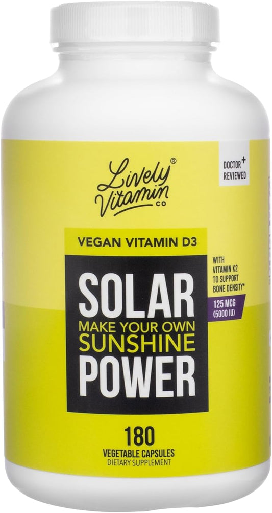 LIVELY VITAMIN CO. Solar Power Vitamin D3 5000 iu - Patented Vitamin K - MK7 - Immune Balance - Brain Function - Mood - Heart - Stress - 180 Count