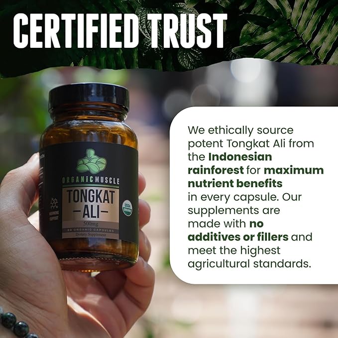 Organic Muscle Tongkat Ali for Men, 500mg - Pure & Potent USDA Eurycoma Longifolia Root Supplement 60 Count – Wild Grown Men's Health Hormone Support for Male Performance, Drive & Energizer