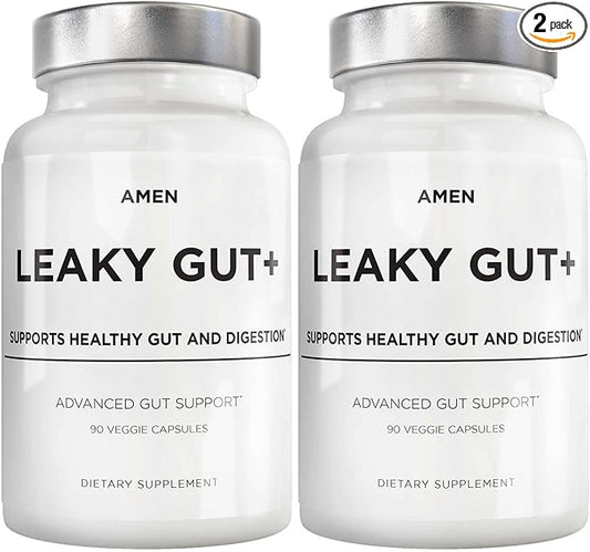 Amen Leaky Gut Supplement - Advanced Formula with Bioavailable L Glutamine, Zinc, Turmeric, DGL Licorice Root - Marshmallow Root - Probiotics & Fermented Prebiotics - Vegan, Non-GMO - 2-Pack