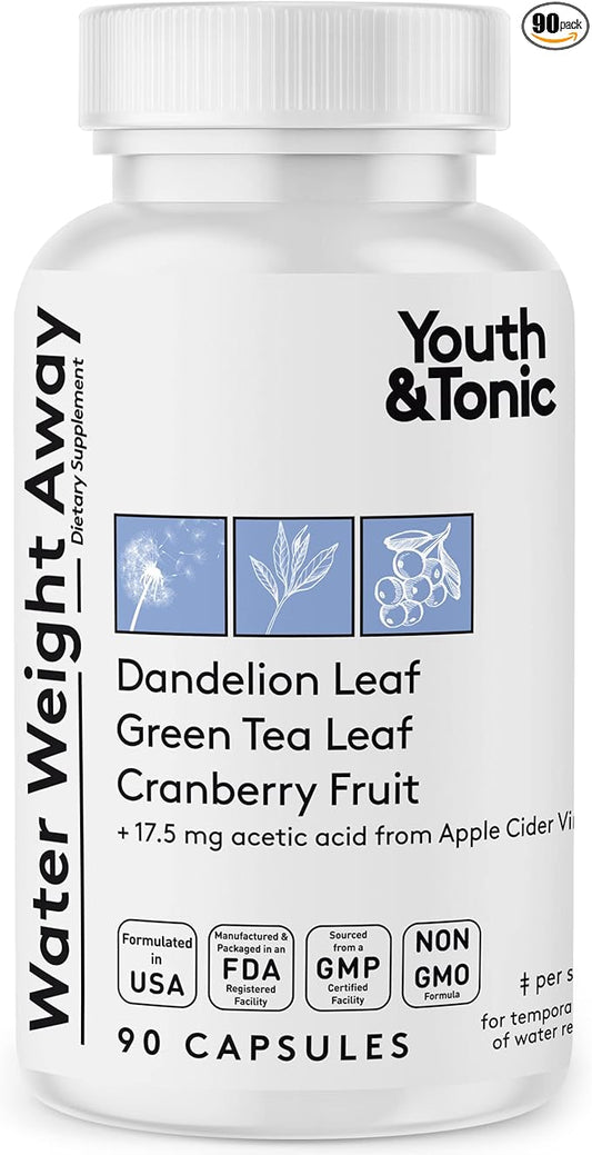 Youth & Tonic Natural Water Pills (90 Count) for Swelling Belly Bloating & Water Retention - Herbal Diuretic Supplement for Women & Men