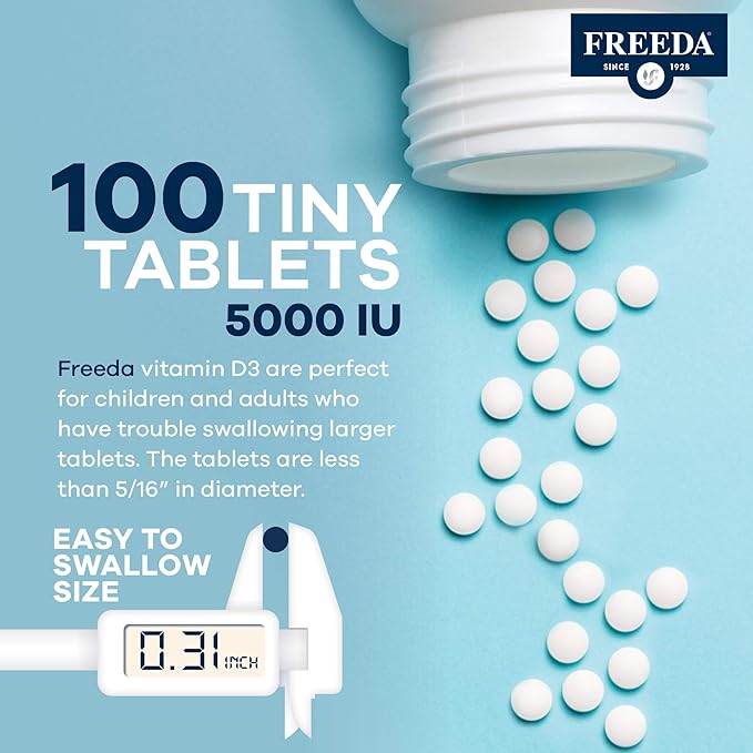 FREEDA Vitamin D3-5000 IU - Pure High Potency Kosher Supplement Tablets - Bone and Muscle Health, Calcium Absorption, Immune Support for Men and Women* - 100 Count