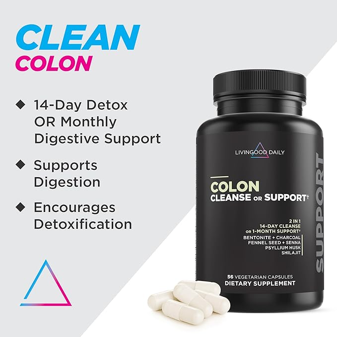 Livingood Daily Colon Cleanse, 56 Vegetarian Capsules - Gut Detox Cleanse Pills & Constipation Relief for Women & Men - Supports Healthy Digestion - Allergen-Free, Gluten-Free, Non-GMO, & Vegan