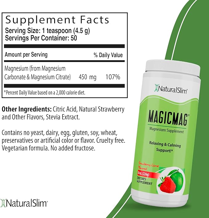 NaturalSlim Magicmag Pure Magnesium Citrate Powder – Stress, Constipation, Muscle, and Heart Support | Natural Strawberry & Lime Flavored Magnesium Supplement - 8oz Drink Mix (2 Pack)
