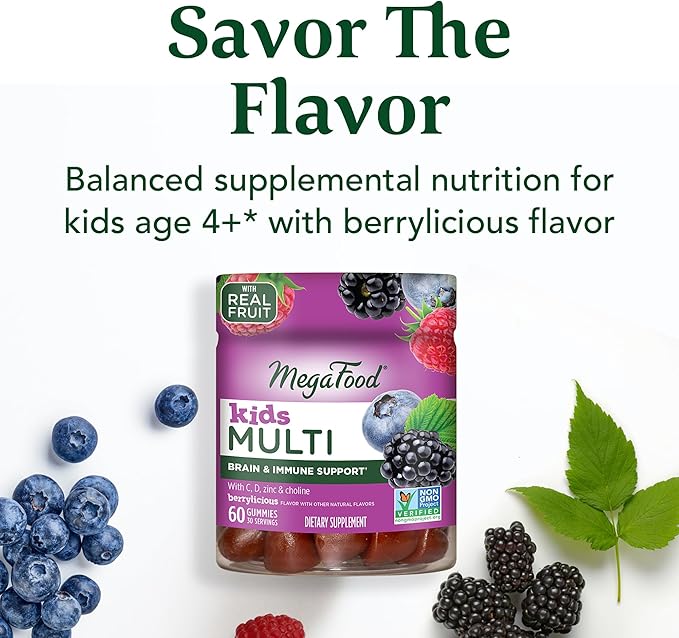 MegaFood Kids Multivitamin Gummies - Kids Vitamins - Age 4+ with Vitamin C, Vitamin D, Zinc, Choline, and Real Fruit - Brain & Immune Support - Berrylicious Flavor - 60 Gummies (30 Servings)