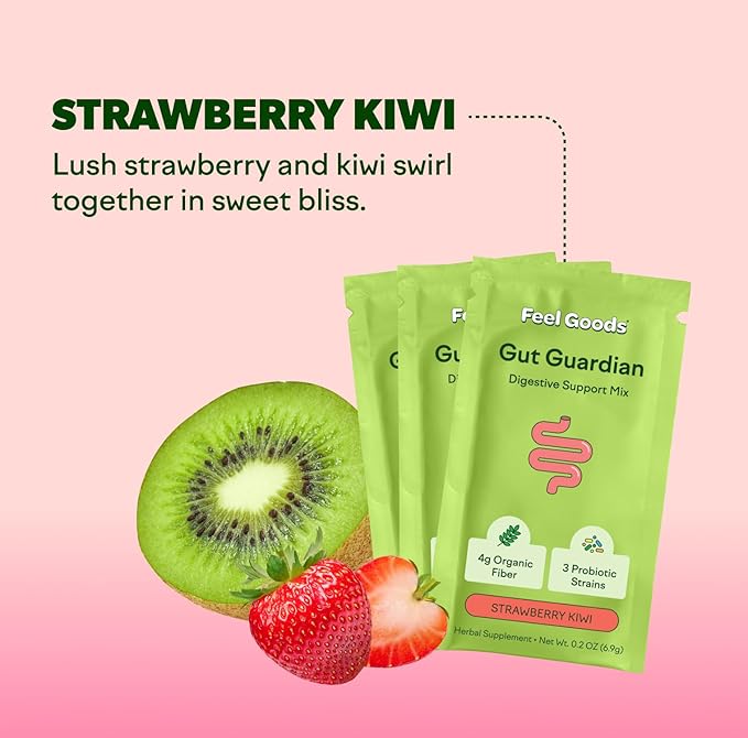 Feel Goods Gut Guardian, Prebiotic & Probiotic Powder, Organic Fiber, Sugar Free, Herbs for Bloat, Gut Health Support, Digestive Health for Men & Women, Non GMO, Vegan | Strawberry Kiwi, 15 Count