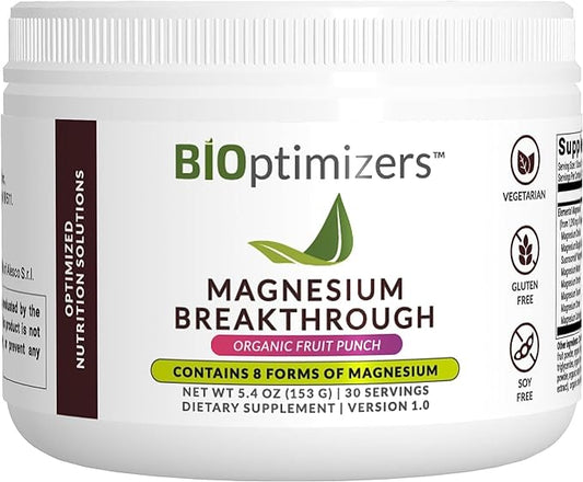 BiOptimizers Magnesium Breakthrough Drink Fruit Punch - 8 Forms of Magnesium: Glycinate, Malate, Citrate, and More - Natural Sleep and Brain Supplement – 5.4 oz (30 Servings)