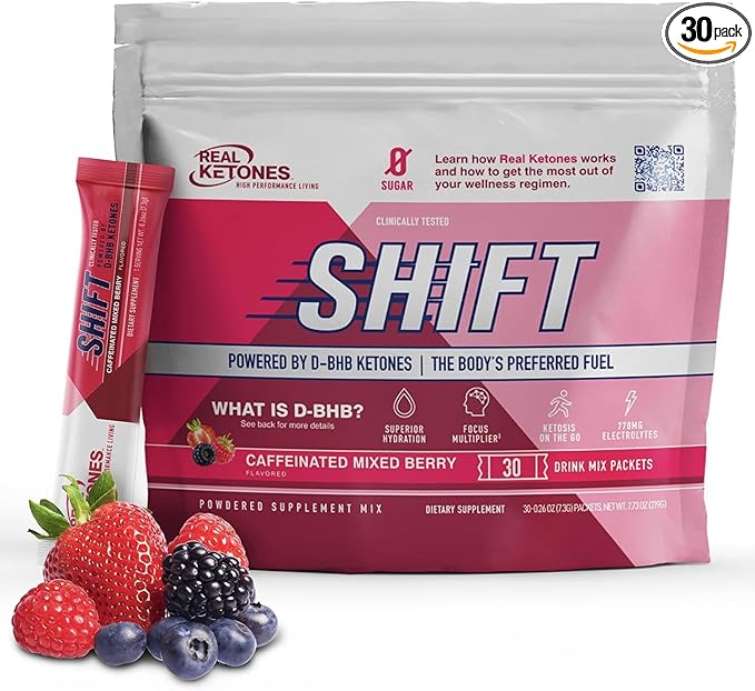 Real Ketones BHB Exogenous Ketones Drink Mix Packets Keto Electrolytes Powder Packets No Sugar with 4 Main Fasting Electrolytes Plus Hydrating Patented Keto BHB - 30 Count Mixed Berry Caffeine